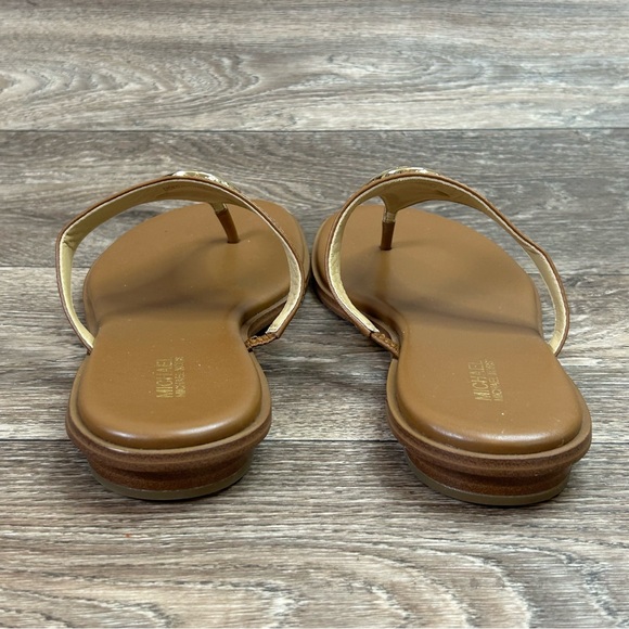 Michael Kors Womens 8 Congac Leather Gold MK Madellion Slip On Thong Sandals - Picture 10 of 11